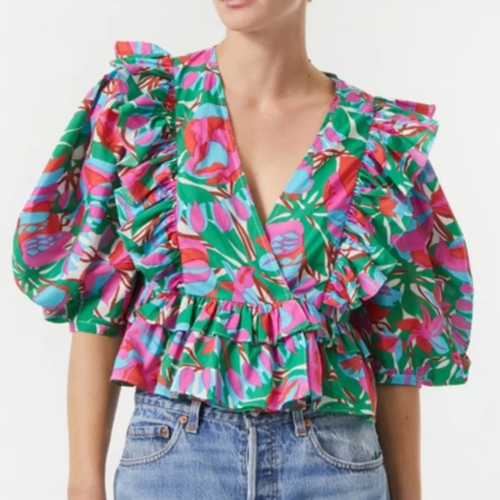 RHODE NWT Elodie Ruffle Peplum Cropped Tropicale Top Organic Cotton Blouse S